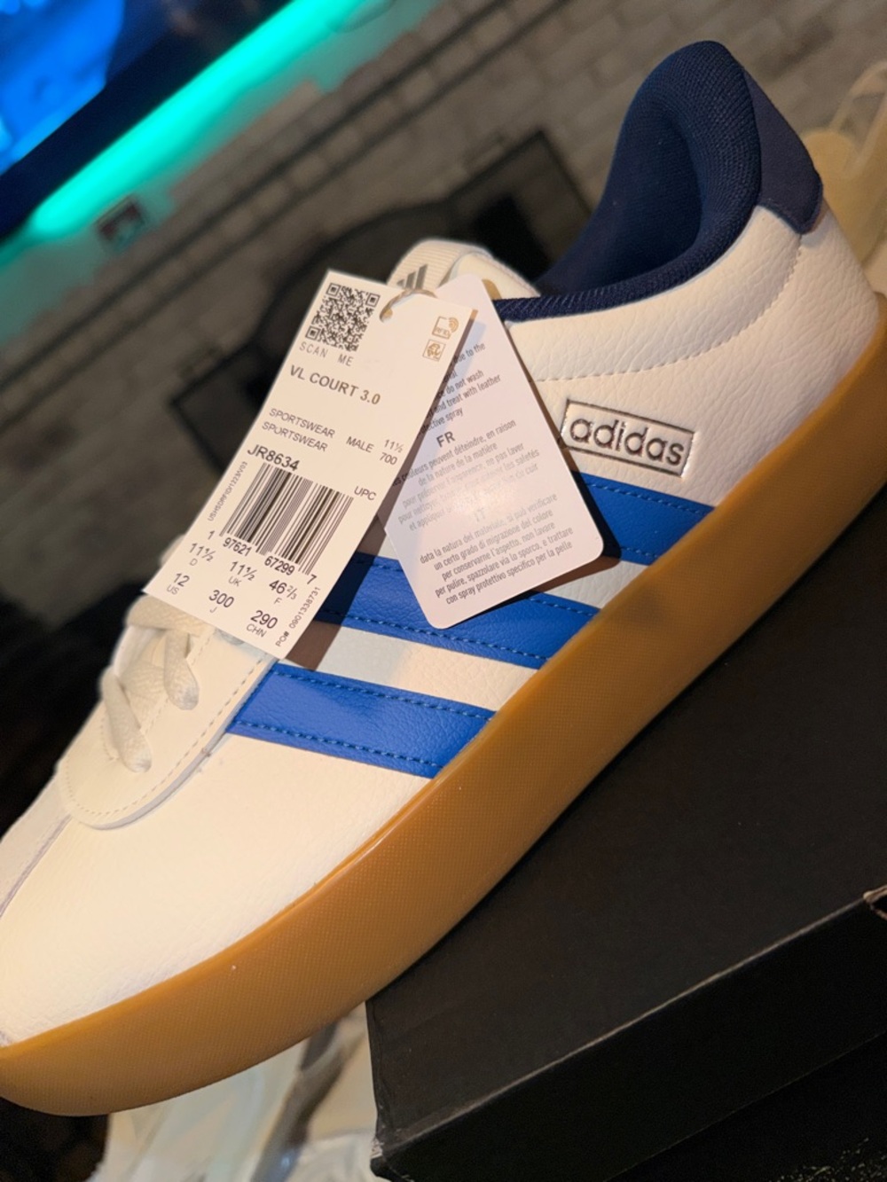adidas VL Court 3.0 Sneakers - White with Blue Stripes & Gum - Picture 5 of 9